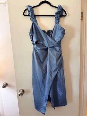 Anthropologie Dusty Blue Satin Midi Dress with Ruched Straps